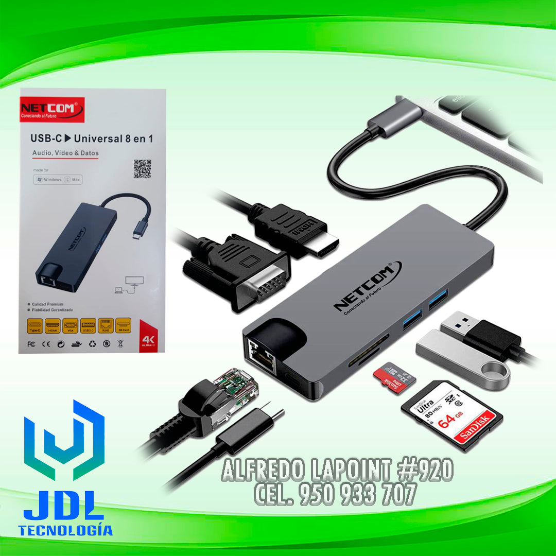ADAPTADOR NETCOM USB TIPO-C 8 EN 1