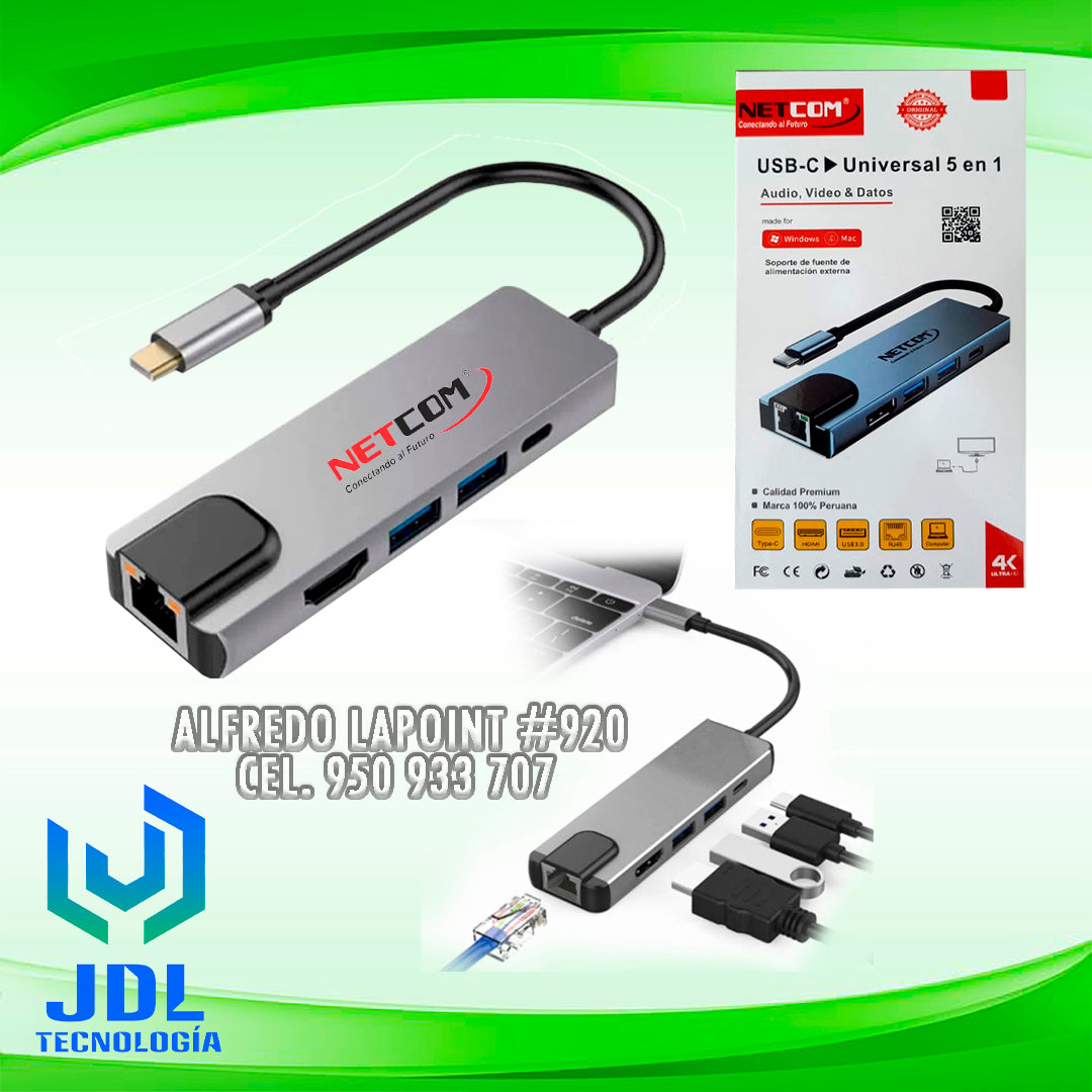 ADAPTADOR NETCOM USB TIPO- C   5 EN 1